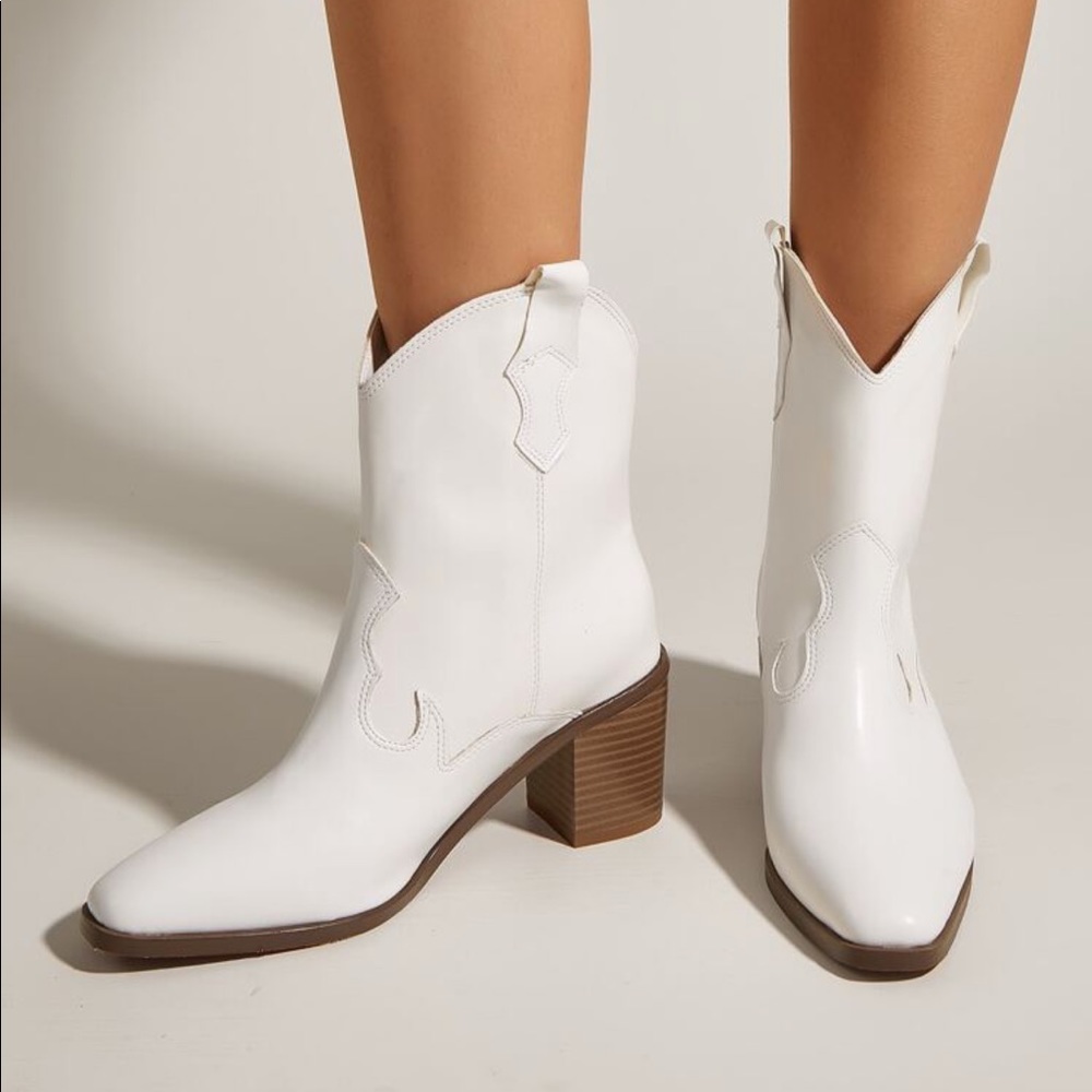 White Block Heel Cowboy Boots - Picture 3 of 10